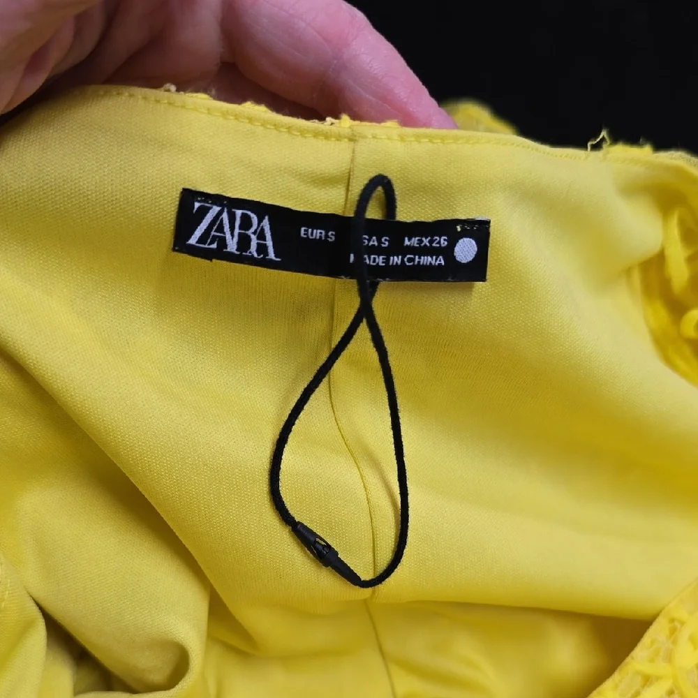 Zara Bright Yellow Ruched Lace Midi Dress - Picture 12 of 12